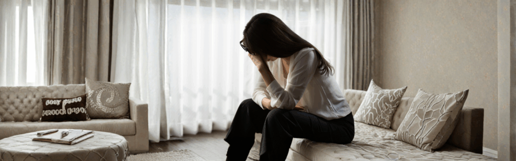 部屋で不安そうにしている女性